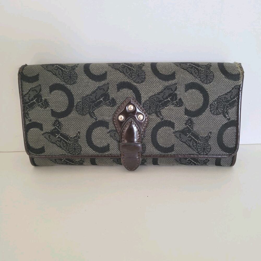 Celine Vintage Envelope Canvas Leather Large Wallet Carriage Brown‎ Gray Logo